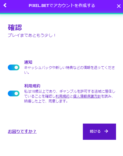 ピクセルベット登録画面4